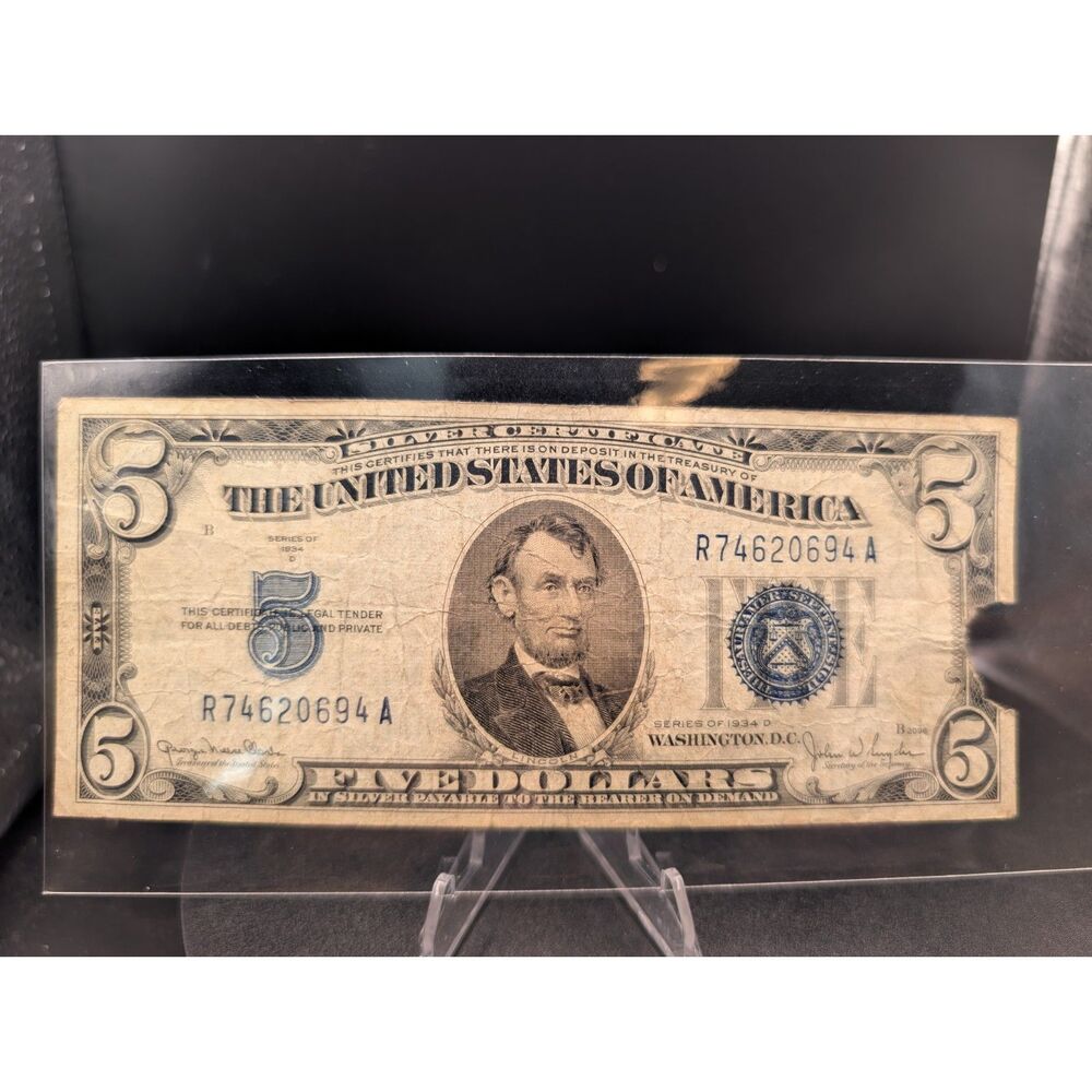 1934 $5 Silver Certificate • Blue Seal • Circulated • Vintage U.S. Note